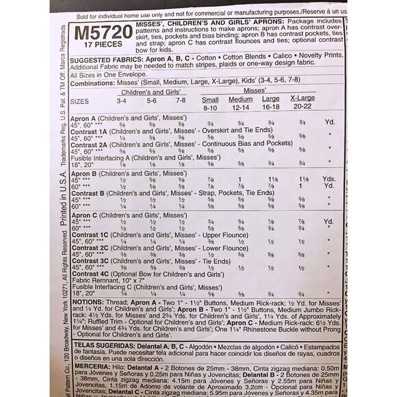 McCalls M5720 Sewing Pattern Misses & Childrens Apron - Picture 2 of 2